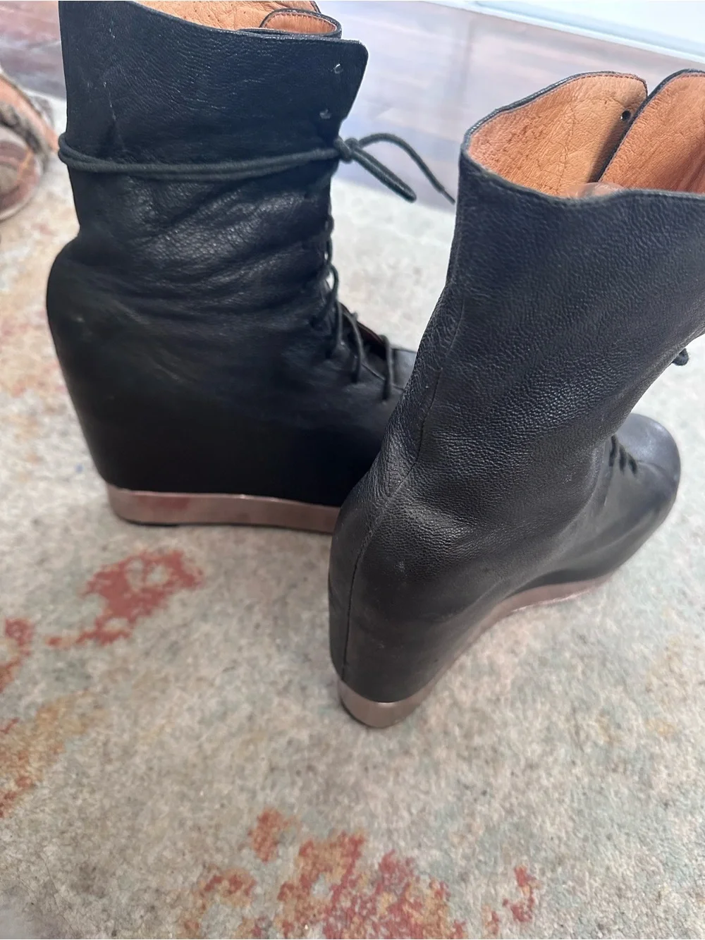 Rare Jeffrey Campbell Back Off Black Lace-Up Platform Wedge Boots Metallic Trim